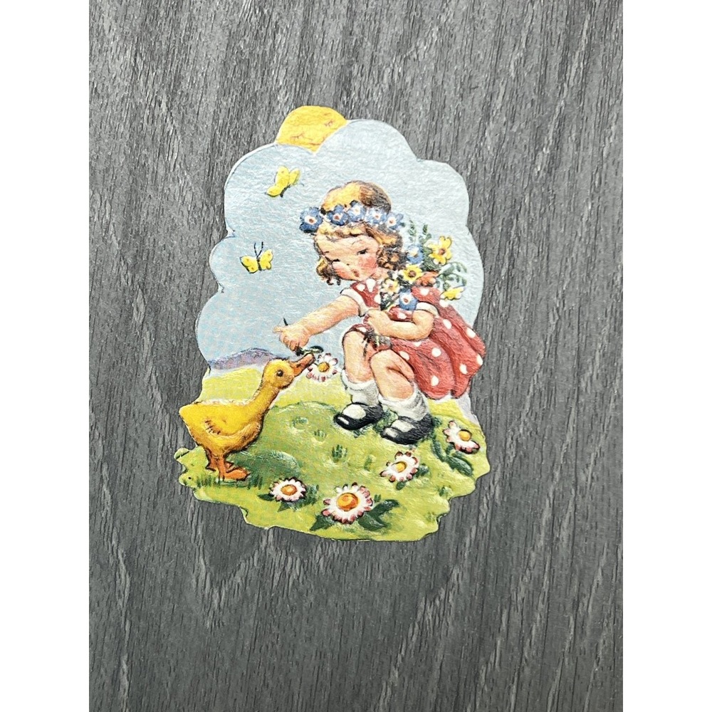Vintage Die Cut Little Girl Duckling Spring Flowers Ephemera Scrapbook Art